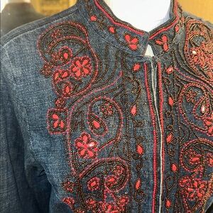 Chico's Blue Denim Jacket with Orange/Red Beaded Embroidery